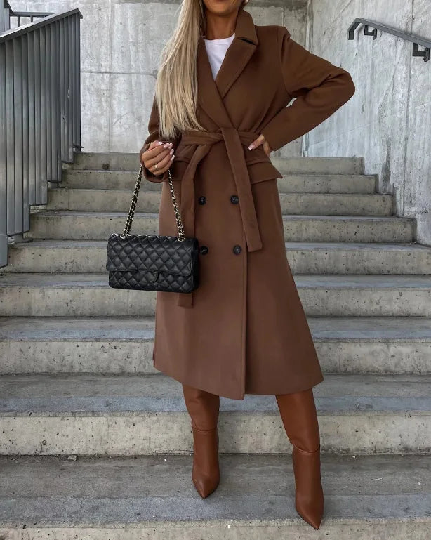 Dames Lange Trenchcoat met Dubbele Rij Knopen Bruin