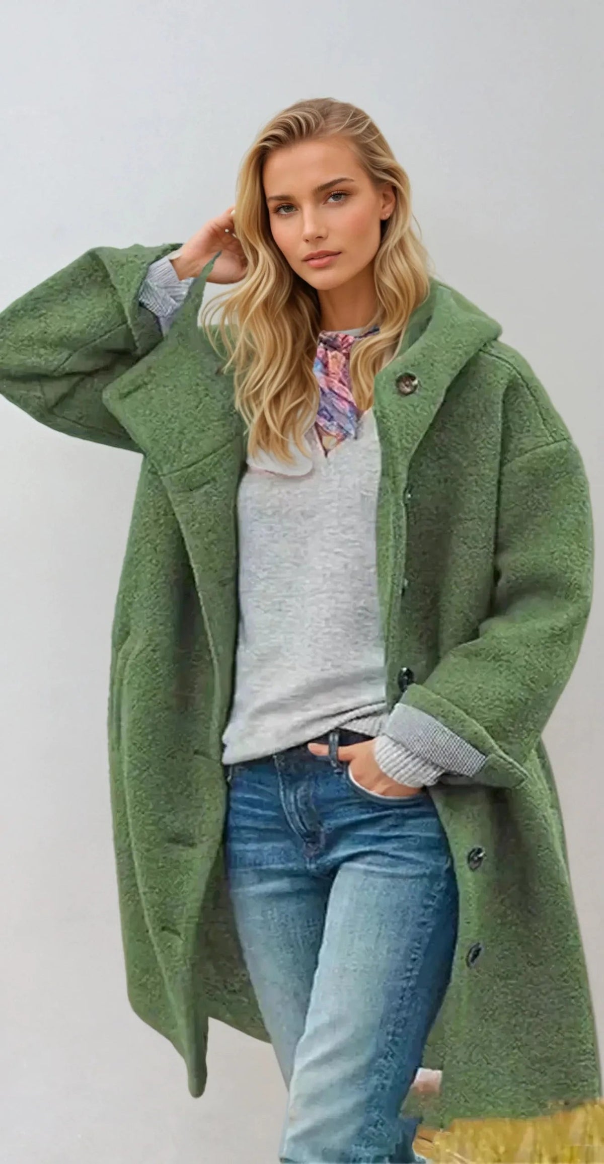Dames Lange Trenchcoat met Hoogsluitende Kraag voor de Winter Groen