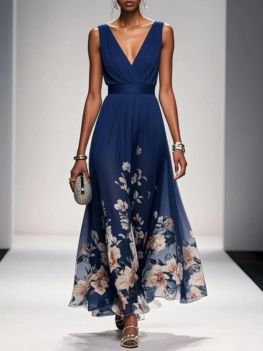 Dames Maxi Avondjurk Mouwloos met Diepe V-hals en Bloemenprint Marineblauw