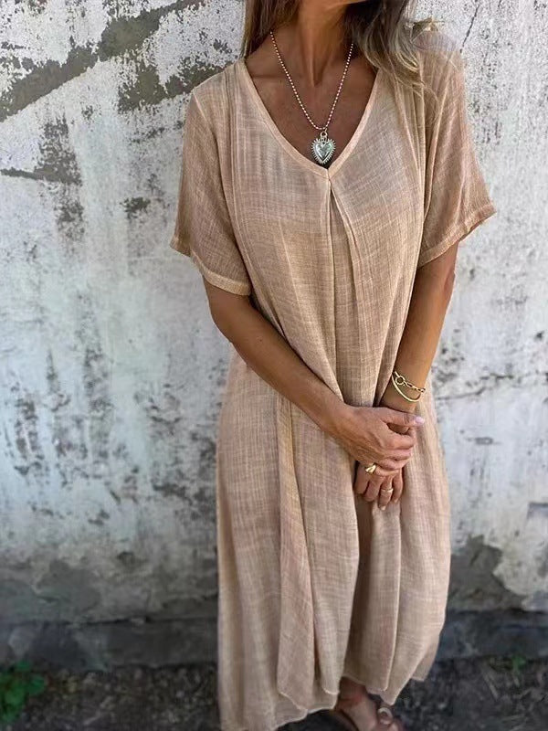 Dames Maxi Jurk Korte Mouw met V-hals en Oversized Fit Abrikoos