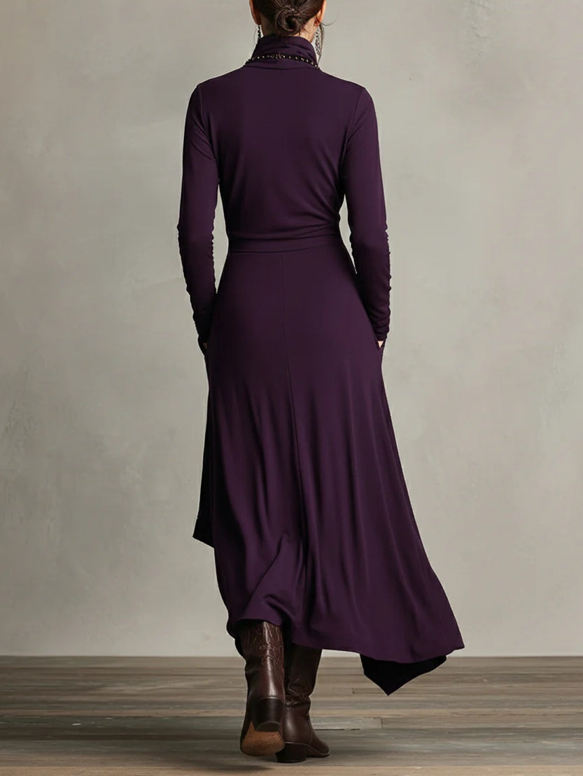 Dames Maxi Jurk met Hoge Col Lange Mouw en Asymmetrische Rok