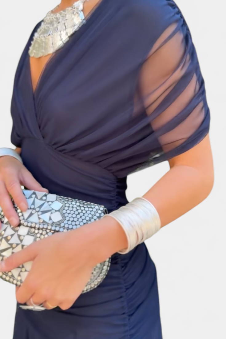 Dames Maxi Jurk met Off-shoulder V-hals en Geplooide Taille Blauw