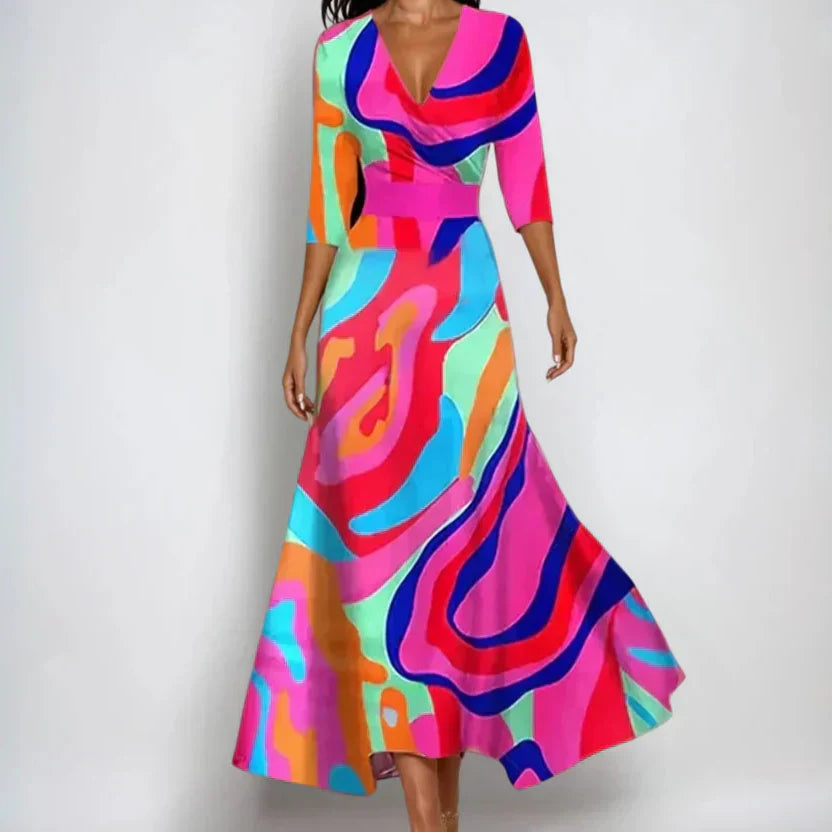 Dames Maxi Jurk met V-hals, Driekwart Mouwen en Bloemenprint Kleurrijk