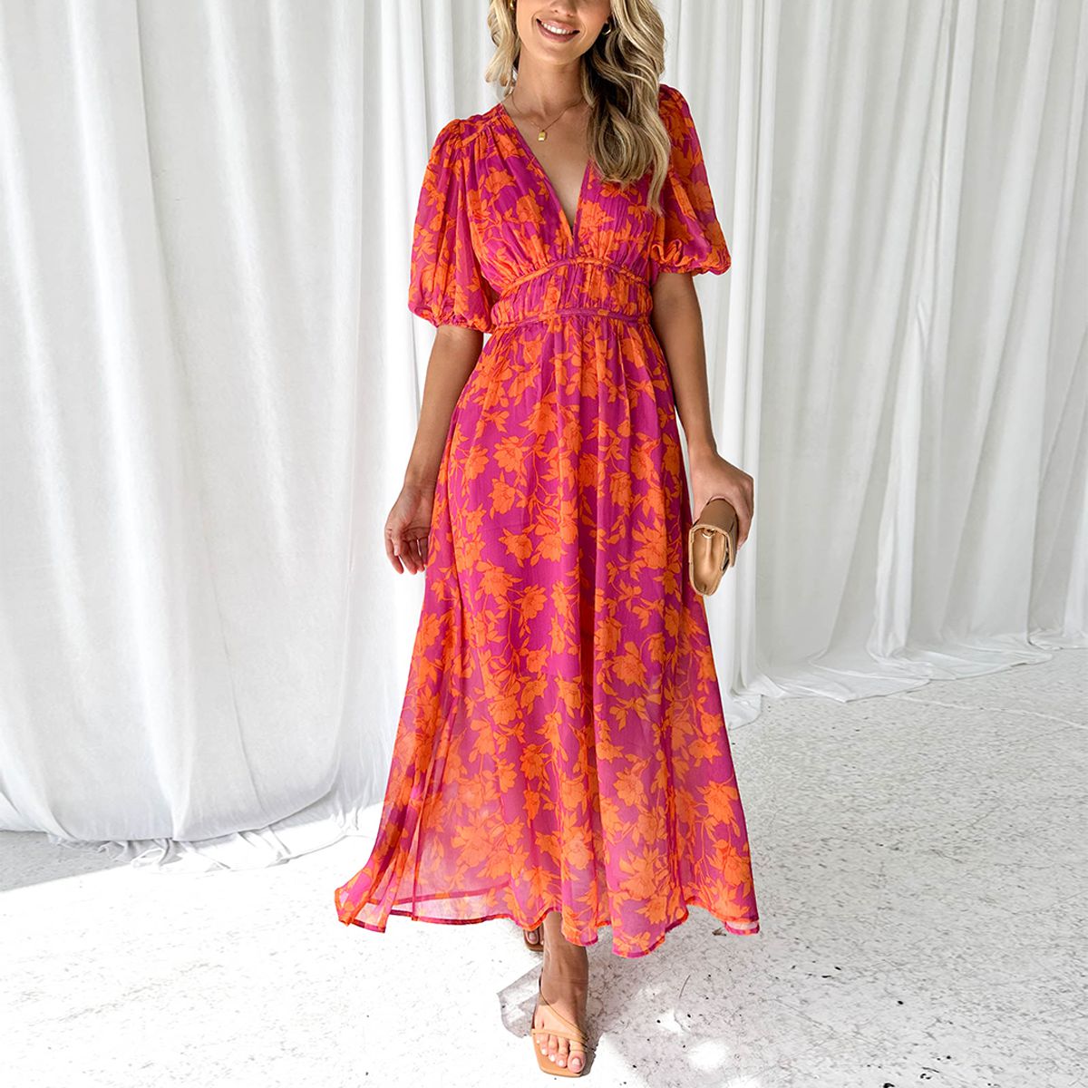 Dames Maxi Jurk met V-hals en Pofmouwen Bloemenprint A-lijn Roze Oranje