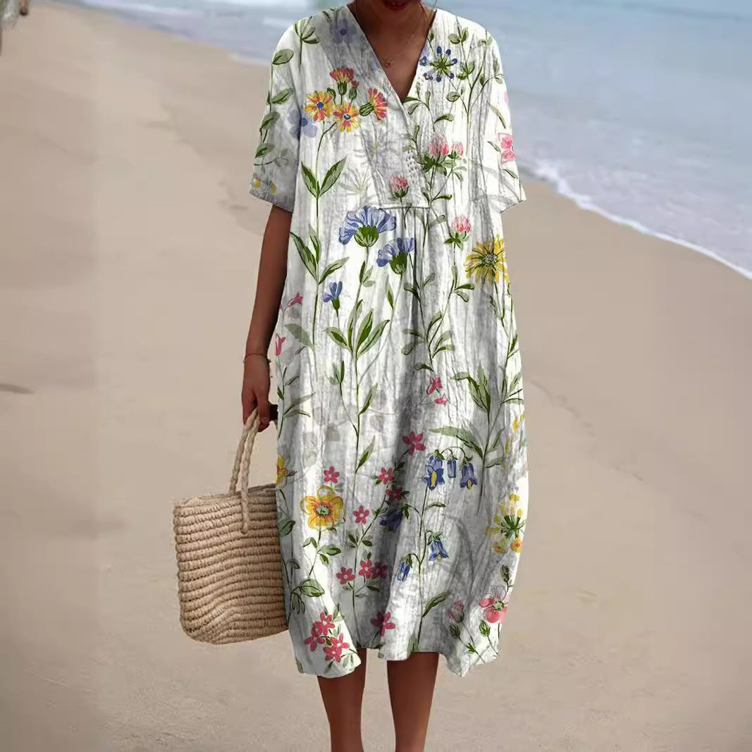 Dames Midi Jurk Korte Mouw met V-hals en Bloemenprint Wit