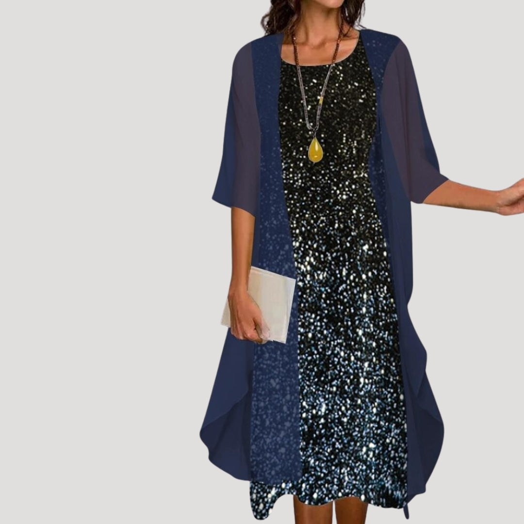 Dames Midi Jurk met Bloemenprint en Gelaagde Overlay Driekwart Mouw Donkerblauw