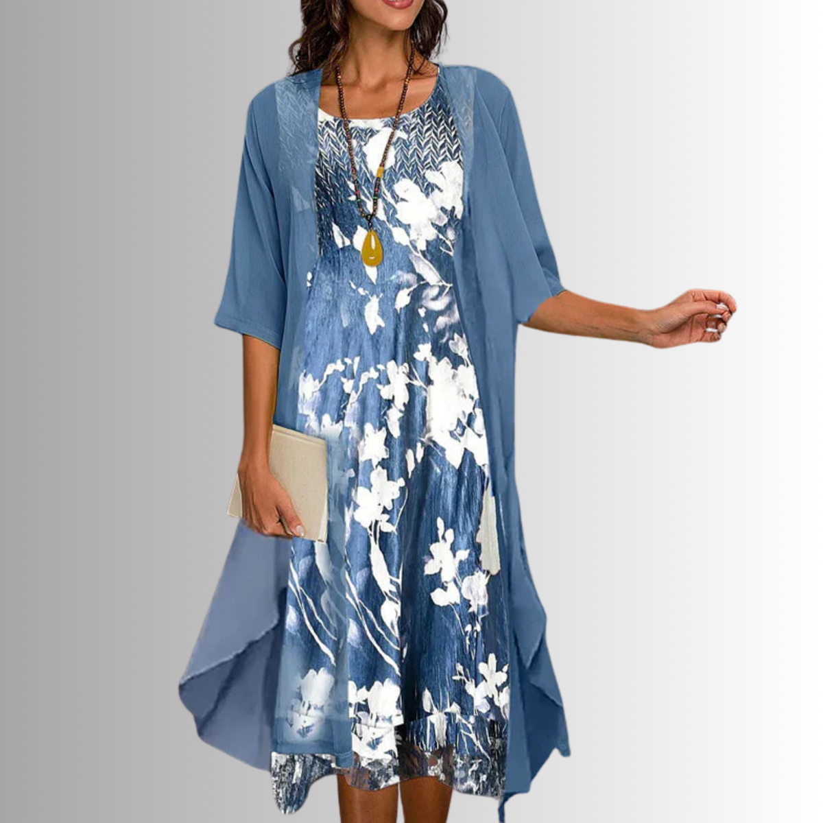 Dames Midi Jurk met Driekwart Mouw en Open Overlay met Print Blauw
