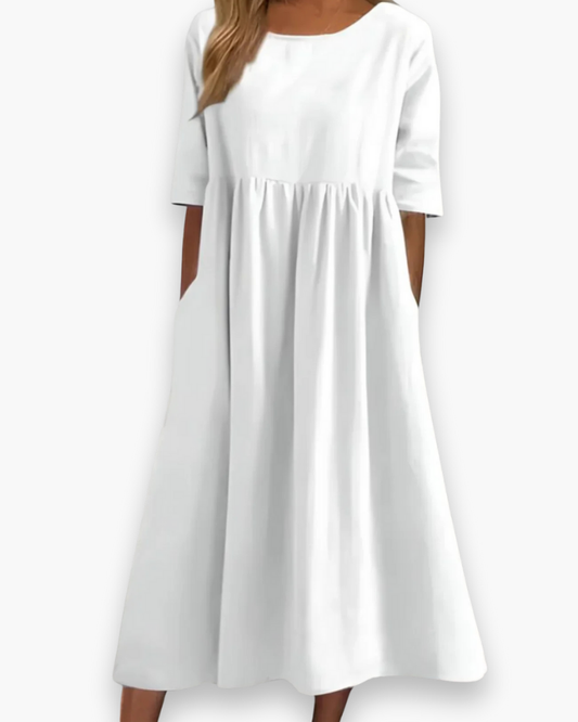 Dames Midi-jurk met Halve Mouwen en Ronde Hals Effen Wit
