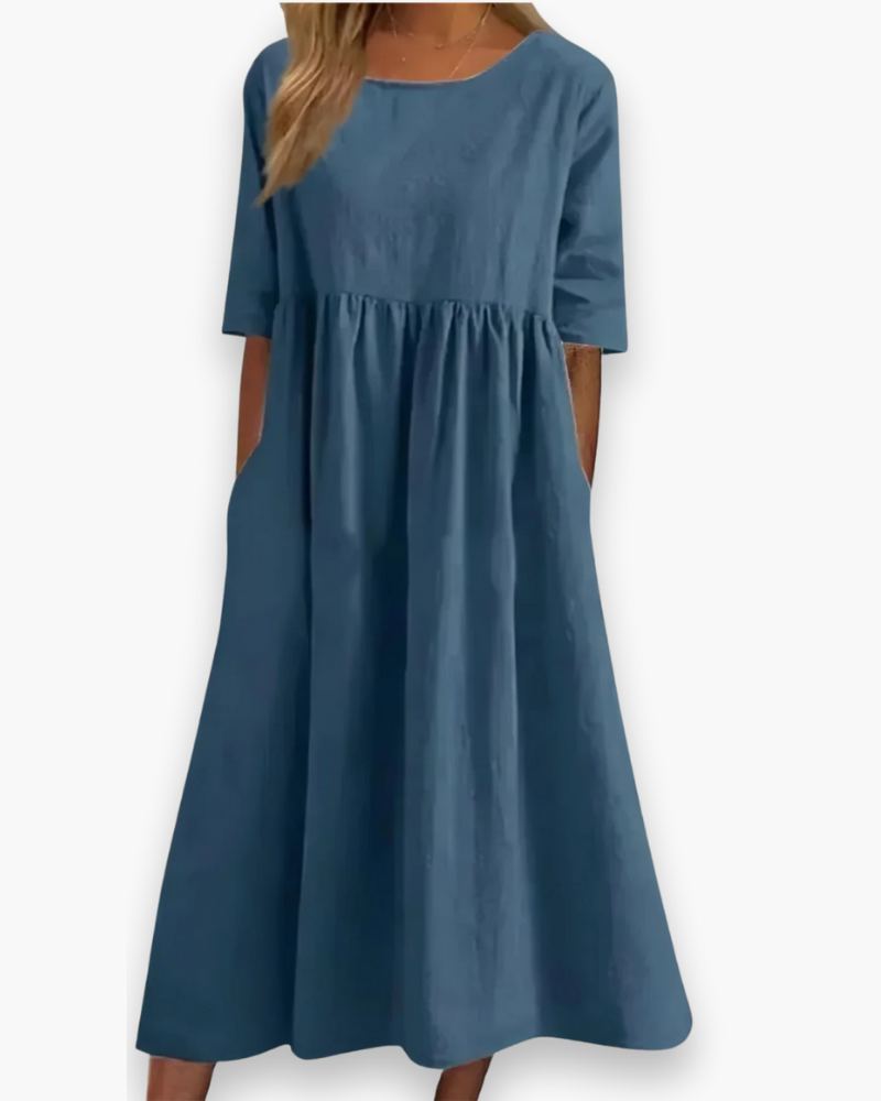 Dames Midi-jurk met Halve Mouwen en Ronde Hals Effen Blauw
