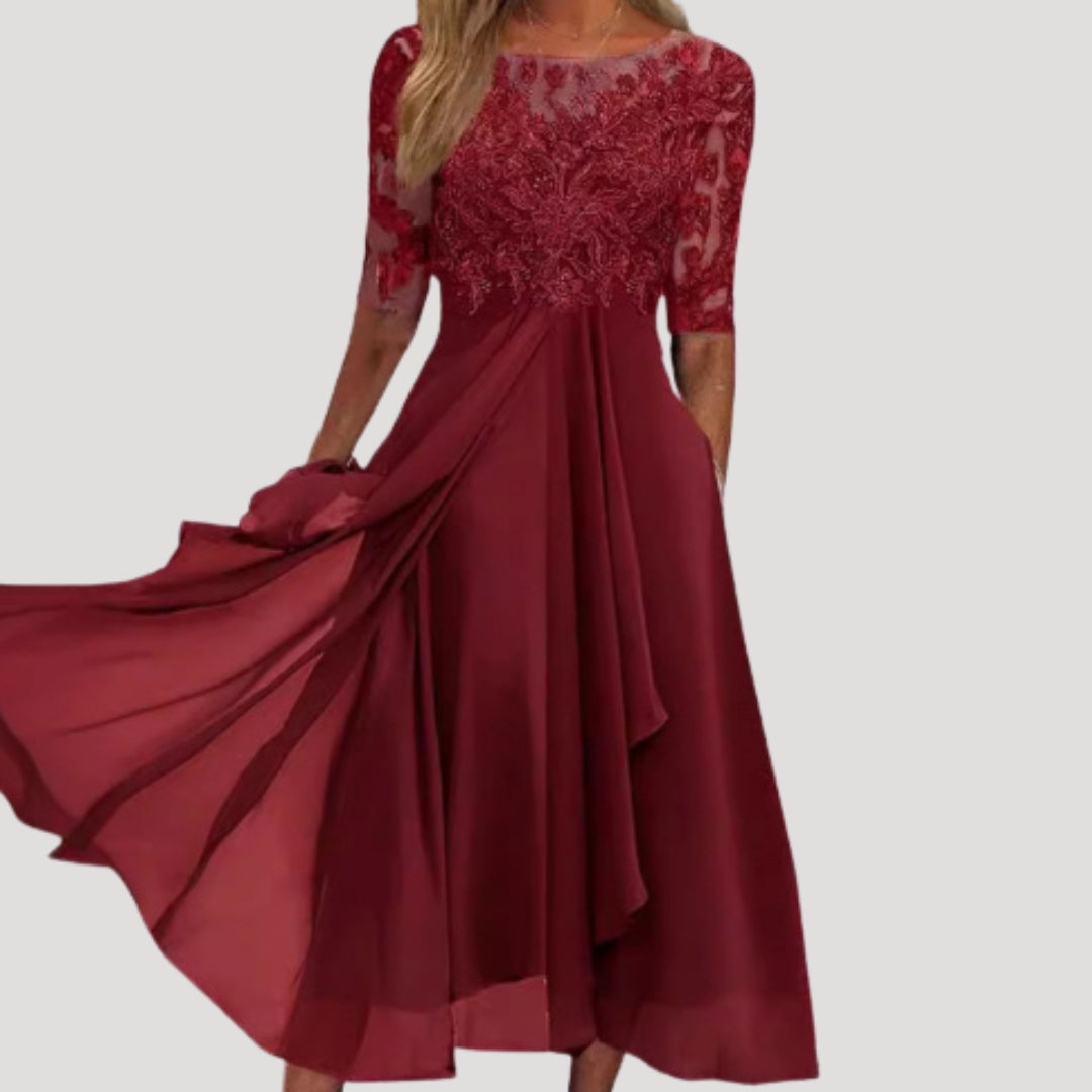 Dames Midi Jurk met Kanten Bovenstuk en Halflange Mouwen voor Bruiloft en Feest Rood