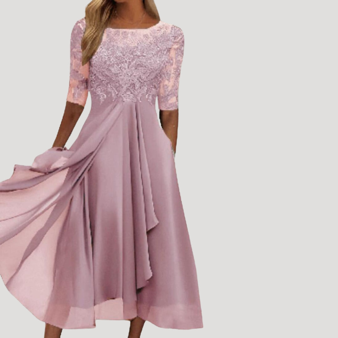 Dames Midi Jurk met Kanten Bovenstuk en Halflange Mouwen voor Bruiloft en Feest Roze