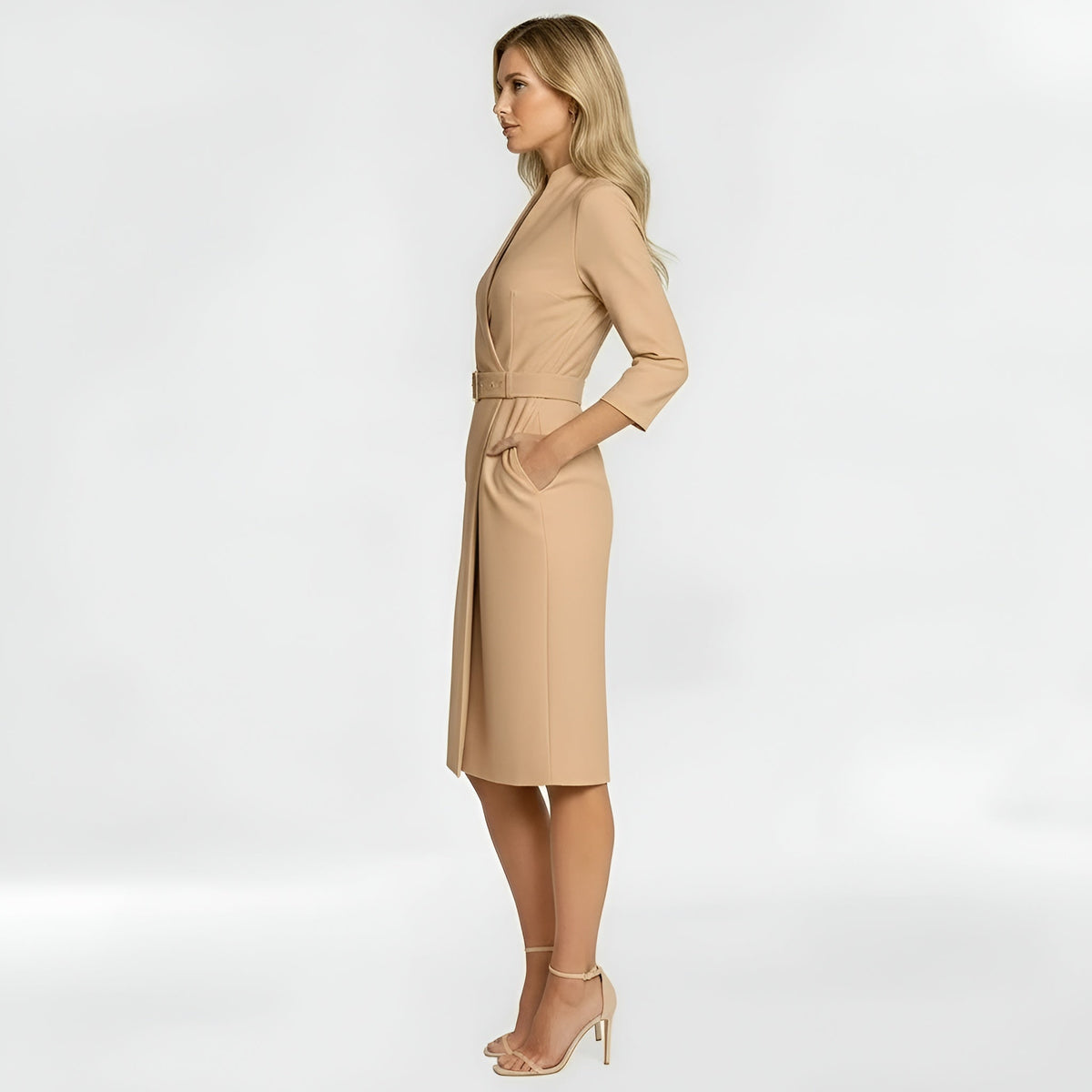 Dames Midi Jurk met V-hals, 3/4 Mouw en Ceintuur – Slim Fit