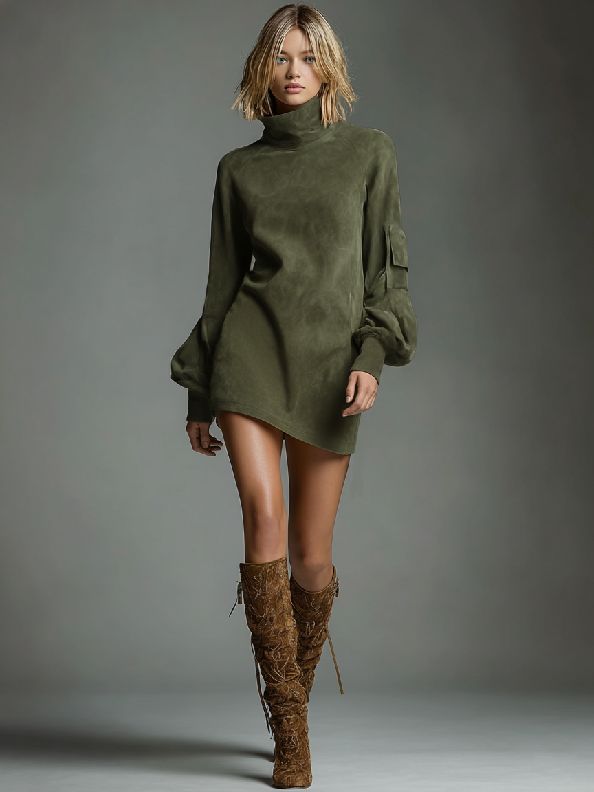 Dames Minijurk met Rolkraag en Ballonmouwen in Oversized Fit