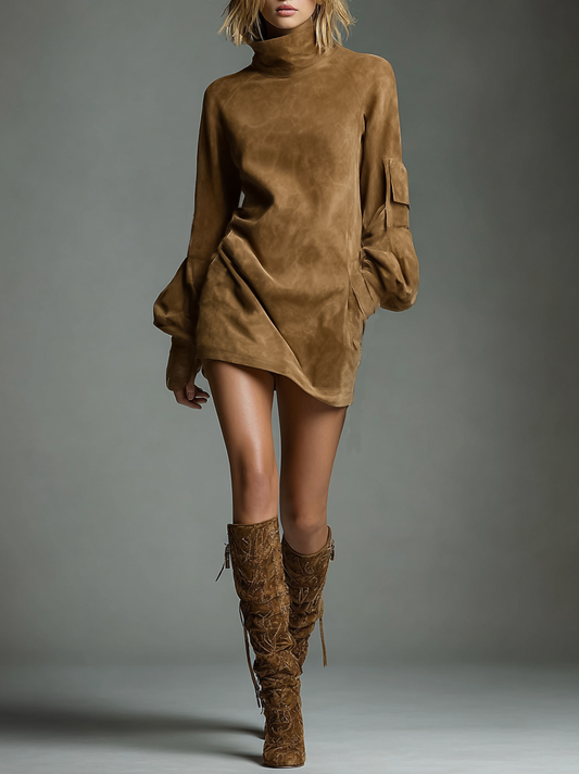 Dames Minijurk met Rolkraag en Ballonmouwen in Oversized Fit