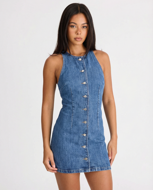 Dames Mouwloze Denim Mini Jurk met Knoopsluiting aan de Voorkant Lichtblauw