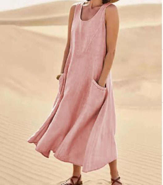 Dames Mouwloze Maxi Jurk met Zakken en Ronde Hals Roze