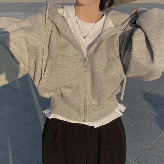 Dames Oversized Crop Hoodie met Capuchon en Ritssluiting
