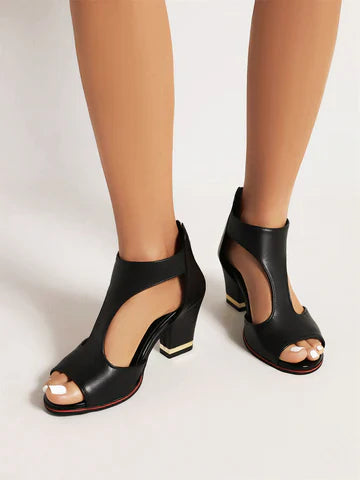 Dames Sandalen met Blokhak en Open Neus en Ritssluiting Zwart