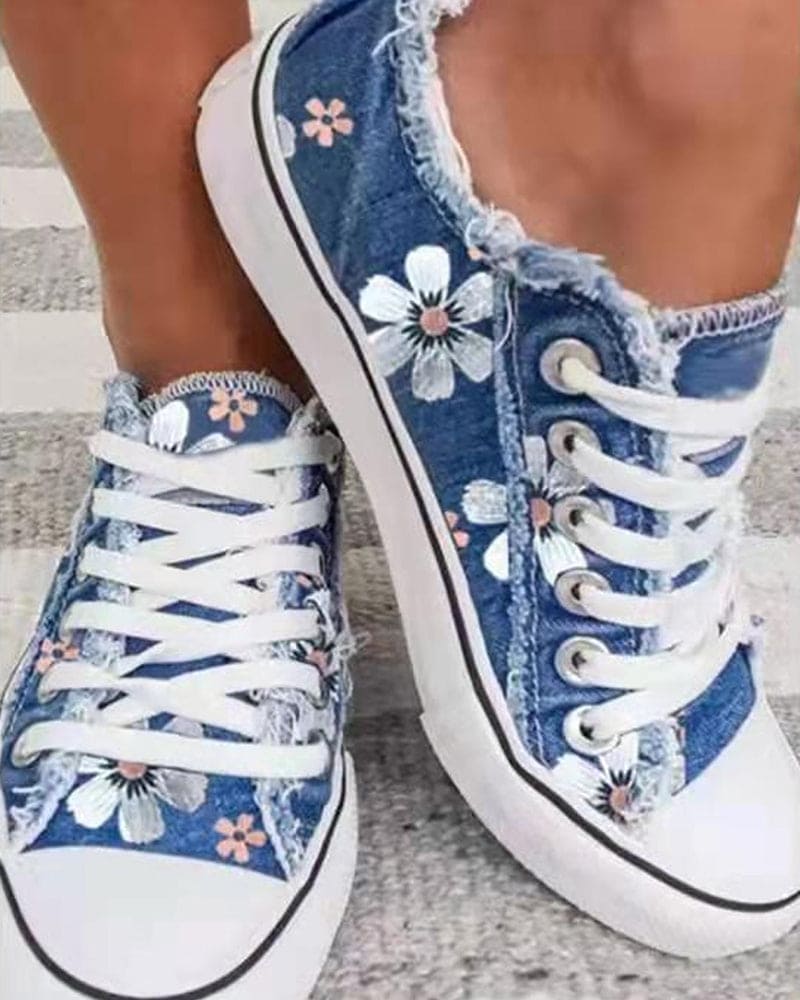 Dames Sneakers met Bloemenprint en Gerafelde Rand Blauw