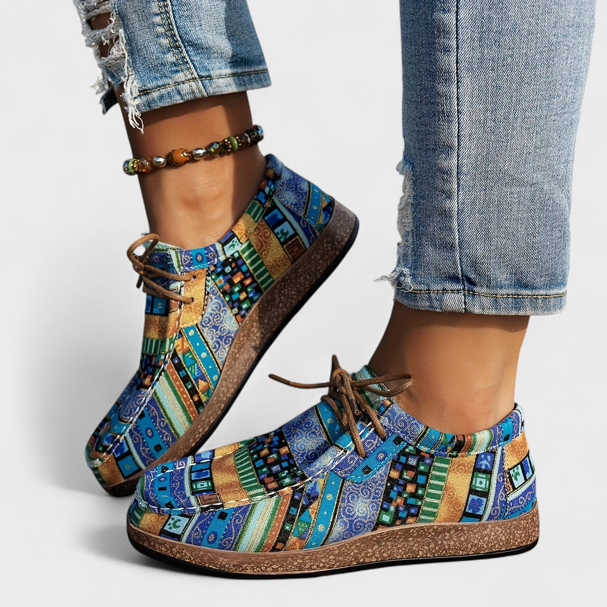 Dames Sneakers met Bohemian Print en Vetersluiting
