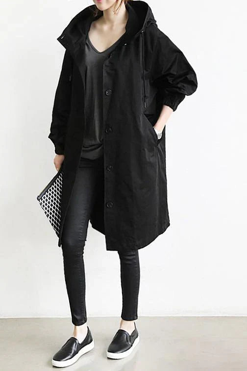 Dames Trench Coat met Capuchon en Knoopsluiting Oversized