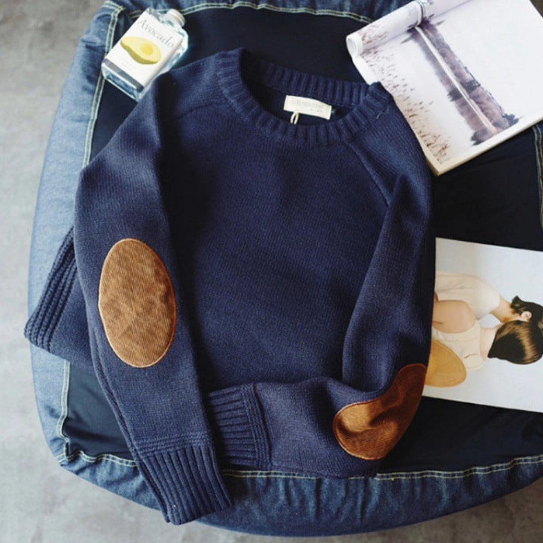 Dames Trui met Elleboogpatches en Breiwerk Blauw