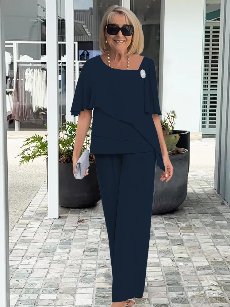 Dames Tweedelig Set met Asymmetrisch Overlay Top en Wijde Broek Marineblauw