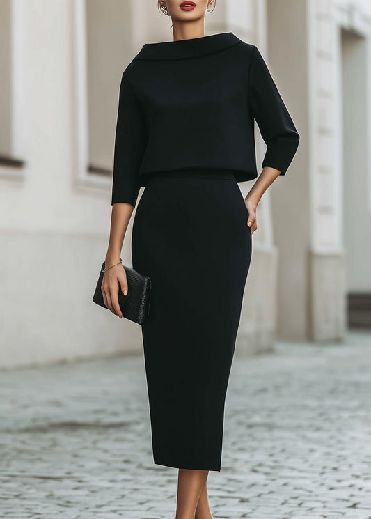 Dames Tweedelig Set met Boothals Top en Midi Rok Driekwart Mouw