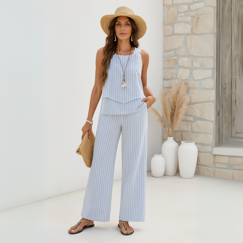 Dames Tweedelige Set met Mouwloos Top en Wijde Broek Lichtblauw