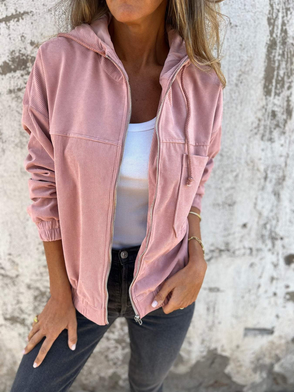 Dames Vest Corduroy met Capuchon en Lange Mouw Roze