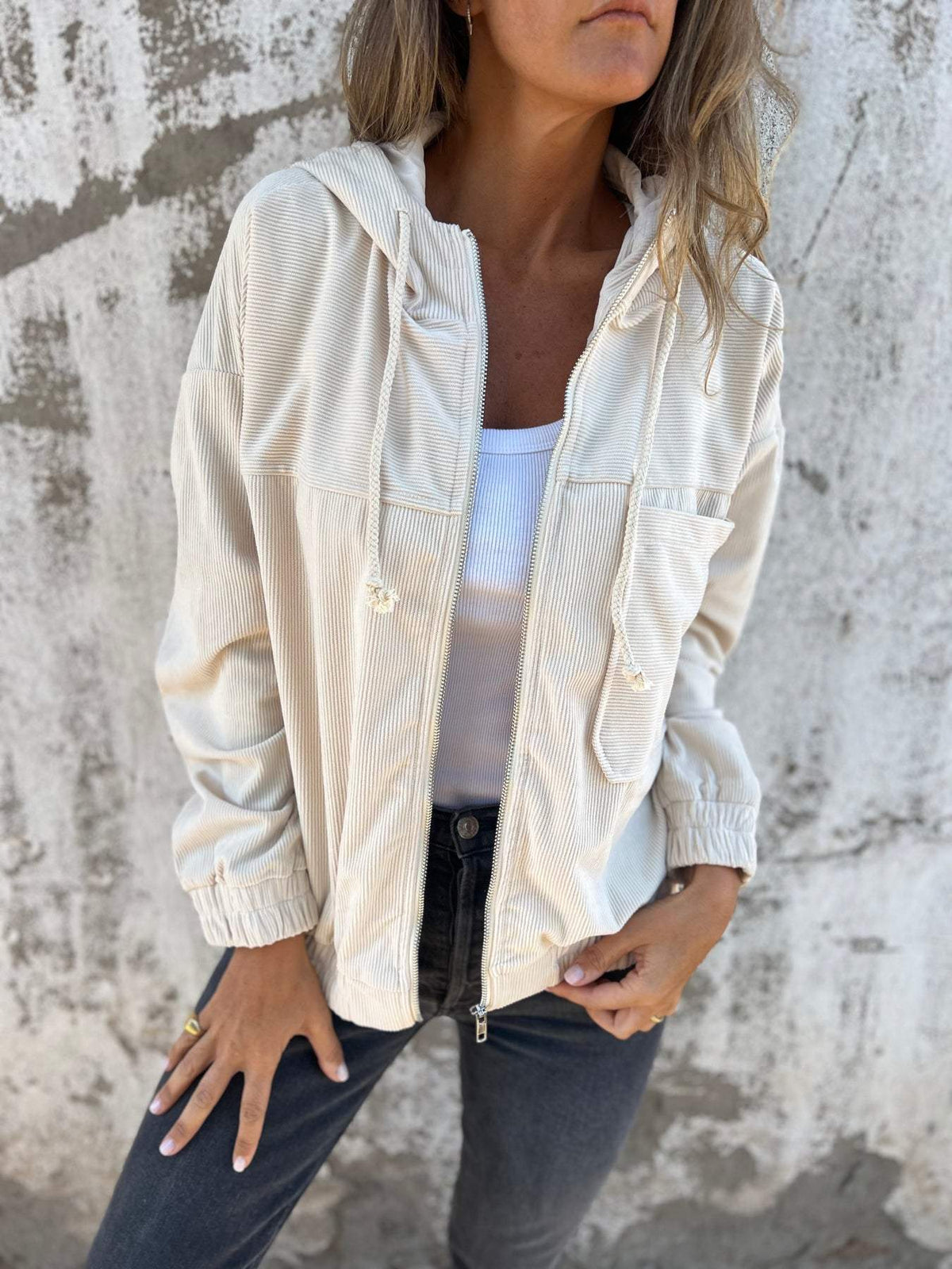 Dames Vest Corduroy met Capuchon en Lange Mouw Wit