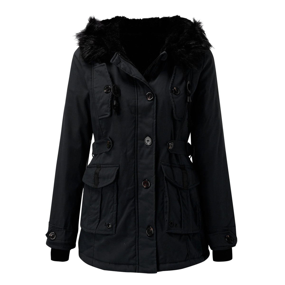 Dames Winterparka met Capuchon en Nepbont Kraag, Verstelbare Taille
