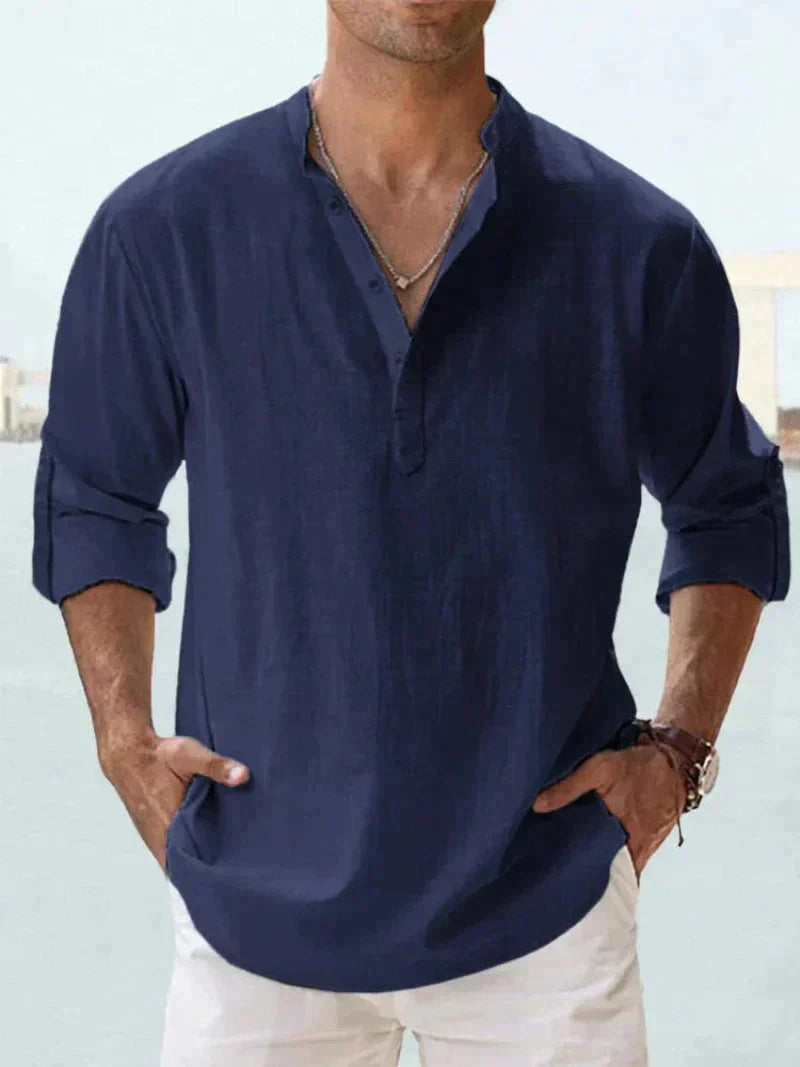 Heren Casual Shirt Lange Mouw met V-hals en Knoopsluiting