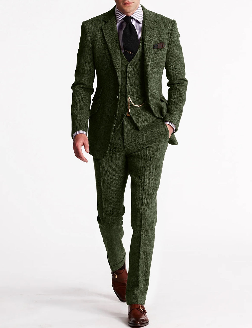 Heren Driedelig Pak met Blazer, Gilet en Broek | Visgraat Patroon | Regular Fit