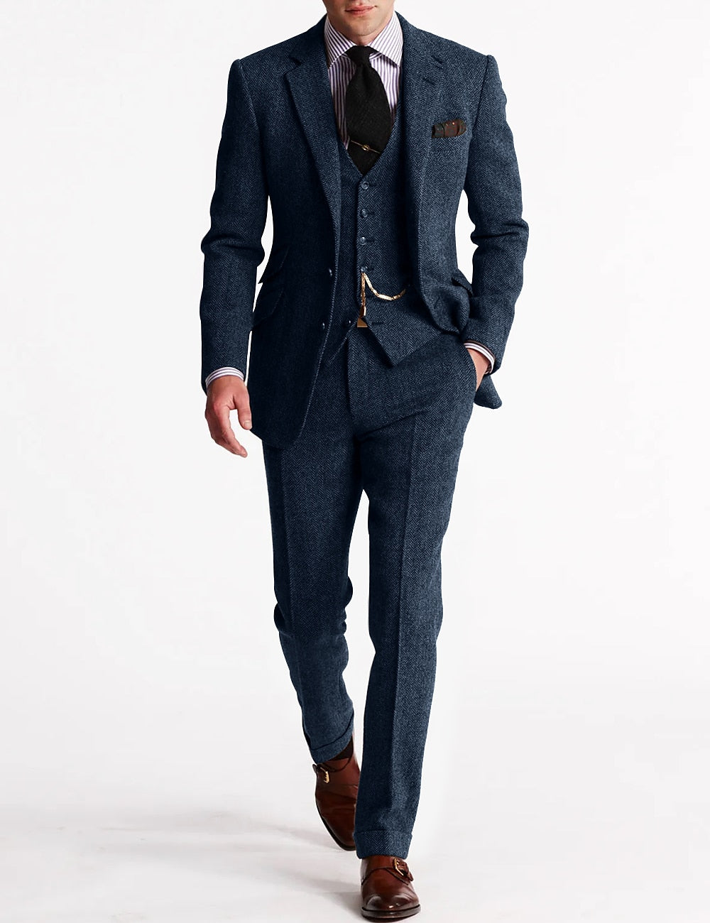 Heren Driedelig Pak met Blazer, Gilet en Broek | Visgraat Patroon | Regular Fit