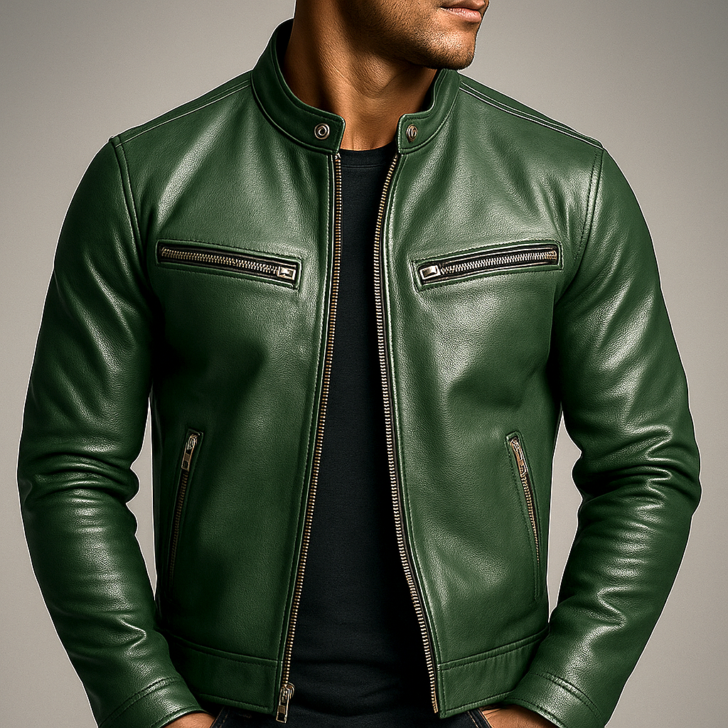 Heren Faux Leather Biker Jacket met Staande Kraag en Ritssluiting