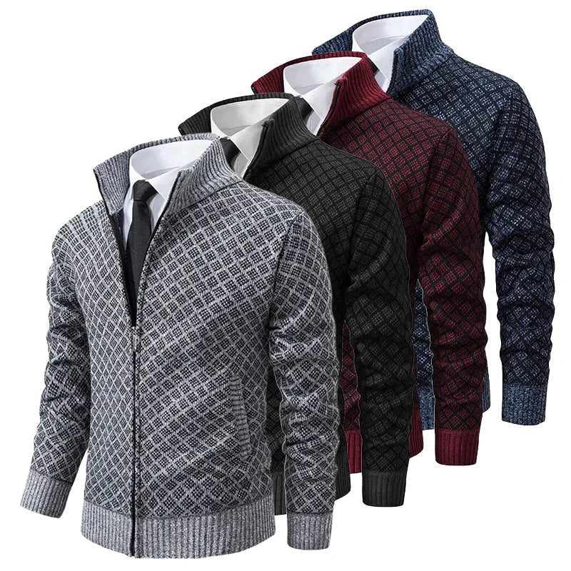 Heren Gebreid Vest met Rits en Geruit Patroon