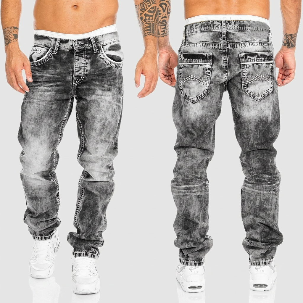 Heren Jeans Regular Fit met Acid Wash en Distressed Details