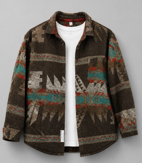 Heren Overshirt Geruit met Etnische Print Bruin