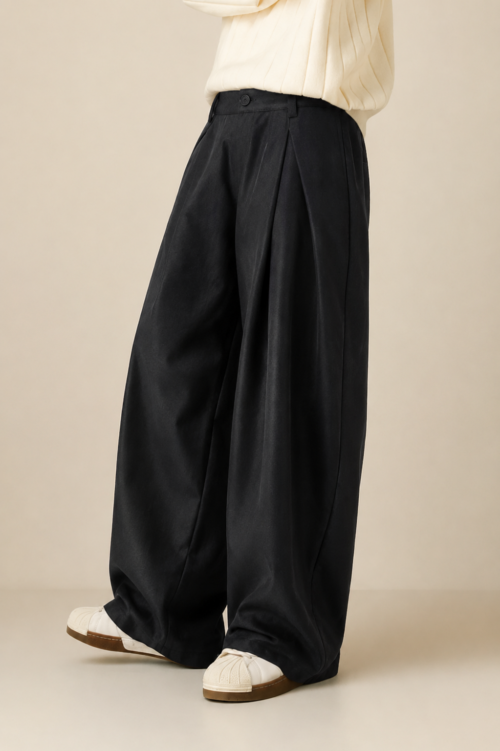 Heren Pantalon met Hoge Taille, Dubbele Plooien en Wide Leg