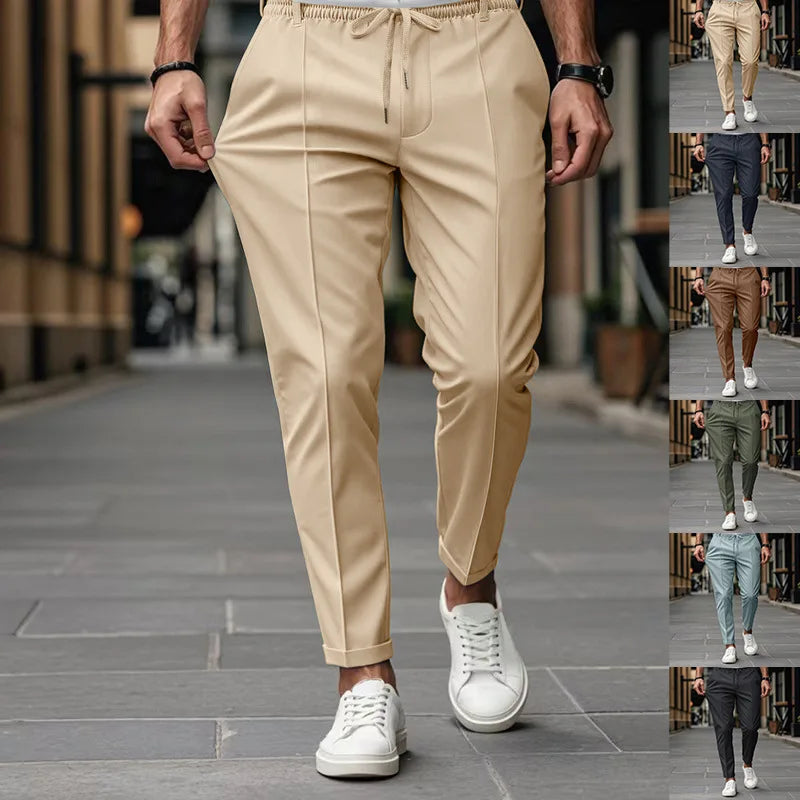 Heren Pantalon Slim Fit met Geperste Voornaad en Elastische Koordtaille
