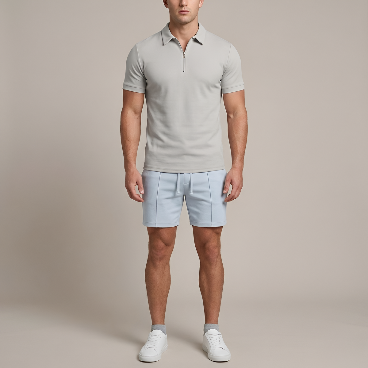 Heren Polo Korte Mouw met Rits en Slim Fit Kraag Grijs