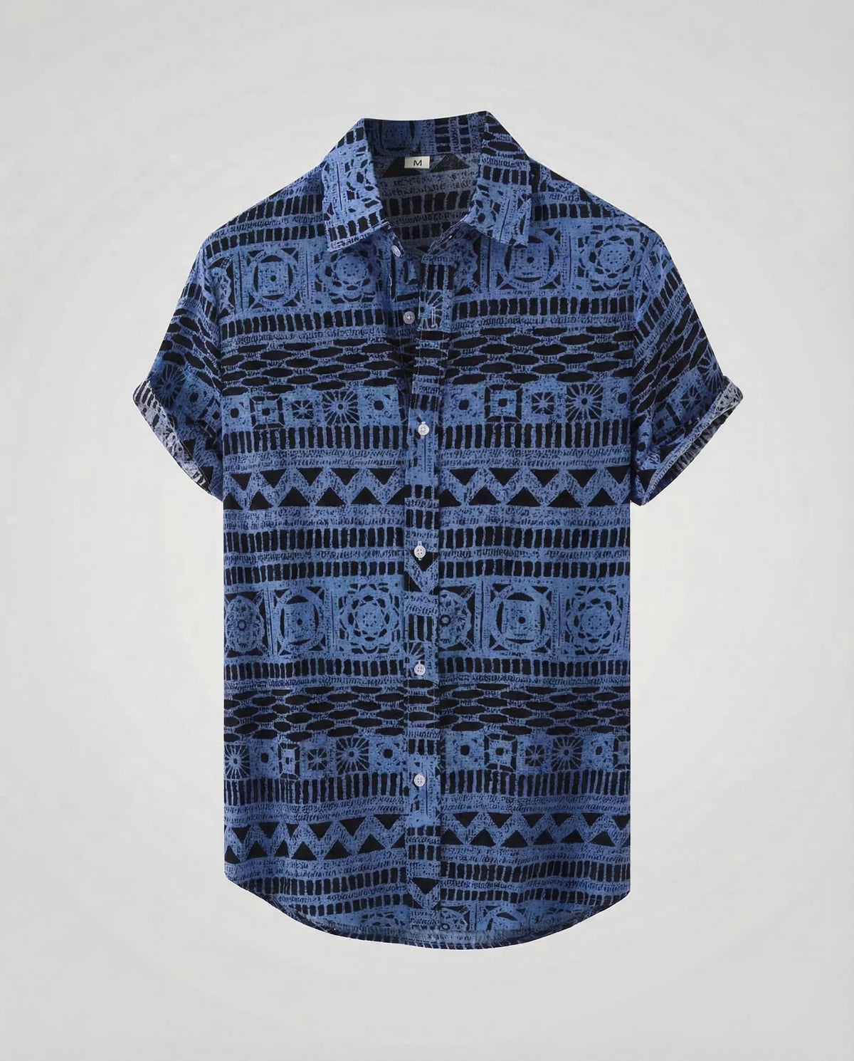 Heren Shirt Korte Mouw met Etnisch Patroon en Klassieke Kraag Blauw