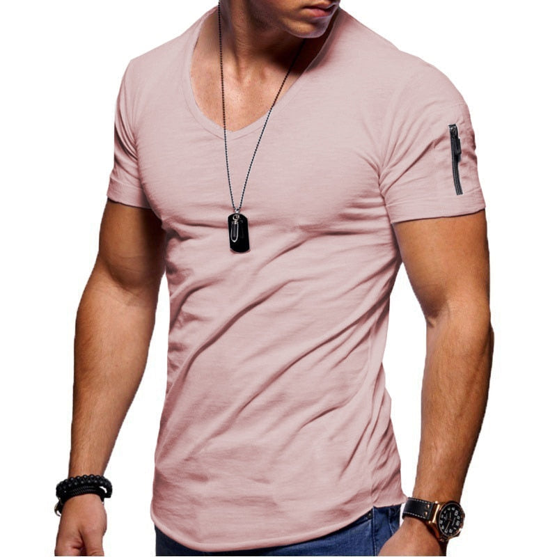 Heren T-shirt met V-hals en Rits op de Mouw Slim Fit Roze