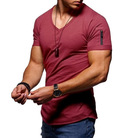 Heren T-shirt met V-hals en Rits op de Mouw Slim Fit Bordeauxrood