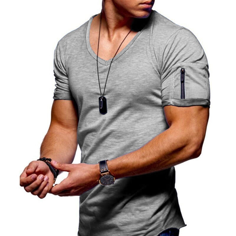 Heren T-shirt met V-hals en Rits op de Mouw Slim Fit Lichtgrijs