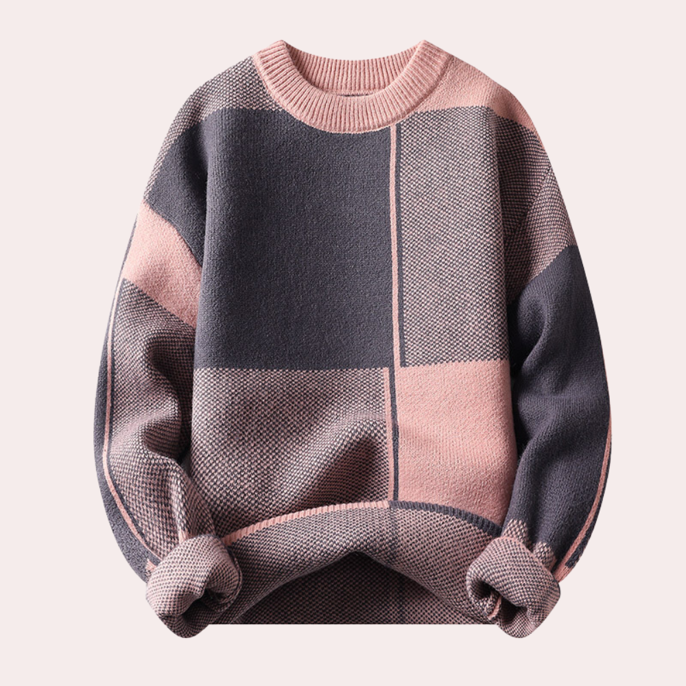 Heren Trui met Geometrisch Patroon, Ronde Hals en Lange Mouwen Roze