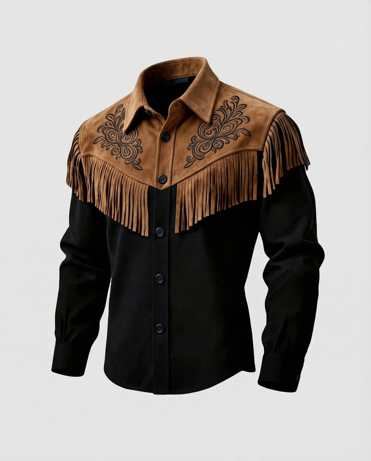 Heren Western Shirt met Fransen en Bloemenstiksel Lange Mouw