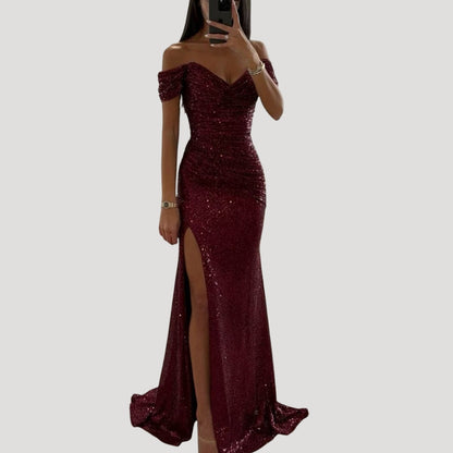 Dames Avondjurk met Pailletten Off-shoulder V-hals en Split Rood