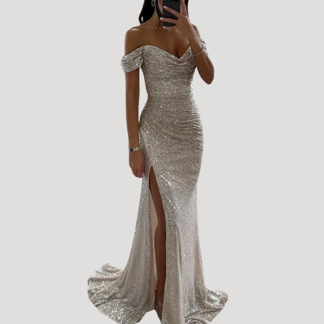 Dames Avondjurk met Pailletten Off-shoulder V-hals en Split Zilver
